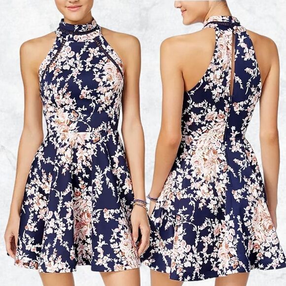 B Darlin Mock Neckline Fit & Flare Pleated Floral Navy & Cream & Pink Dress - Picture 1 of 8